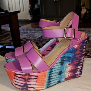 ALDO MOREMAN Womens Platform 5" Wedge Sandal Hippie Purple Pink Tye Dyed Sz 7